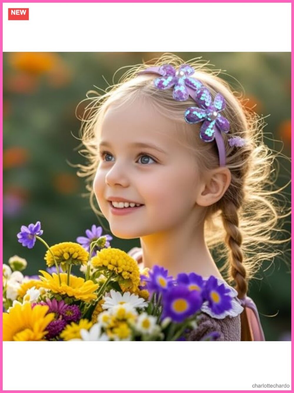 Flower Headband Purple Glitter Floral Hair Hoop Spring Summer Headpiece - Picture 4 of 6